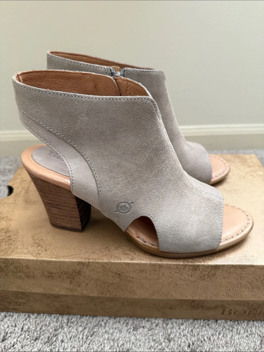 Born Women's Light Taupe Suede Peep-Toe Block Heel Sandals